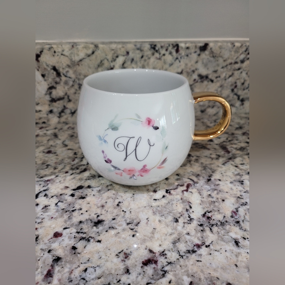 Fringe Studio Initial "W" Floral Wreath White With Gold Handle  Coffee Mug